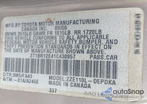 2001 Toyota Corolla Le z USA, uszkodzony, nr VIN 2T1BR12E41C430957